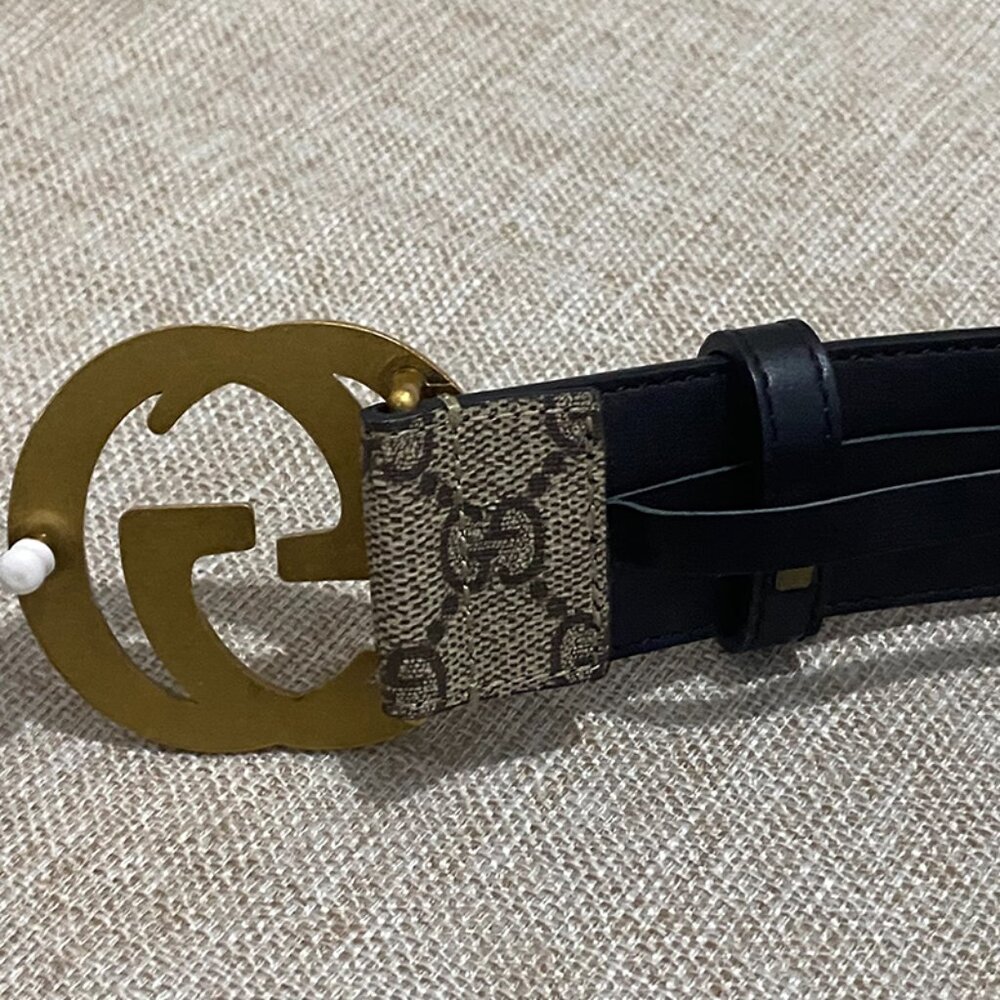 Gucci Classic Beige And Brown Gg Monogram Canvas Belt With A Gold Double G Metal - Picture 6 of 8